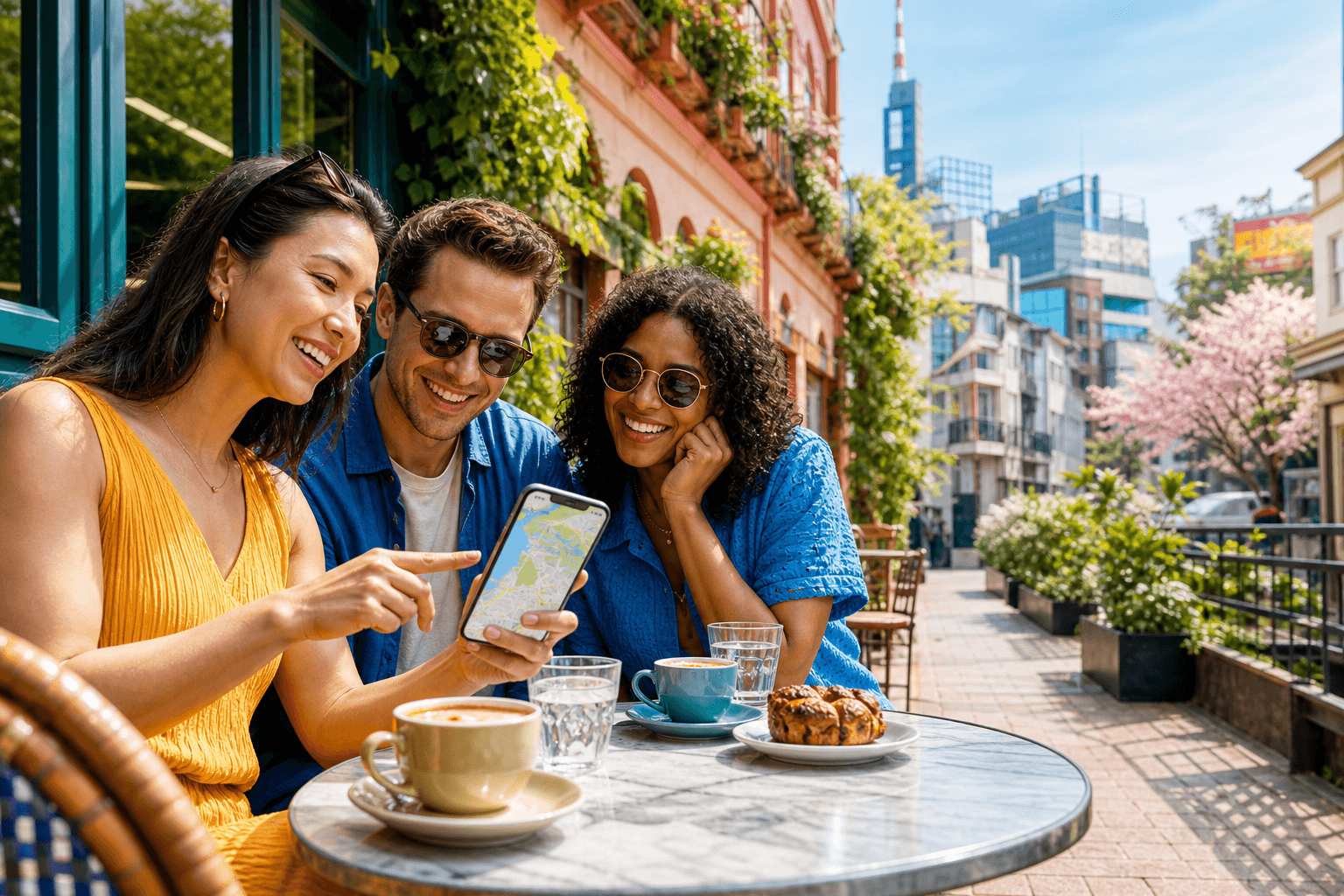 Smiling friends using new smartphones while traveling in a city